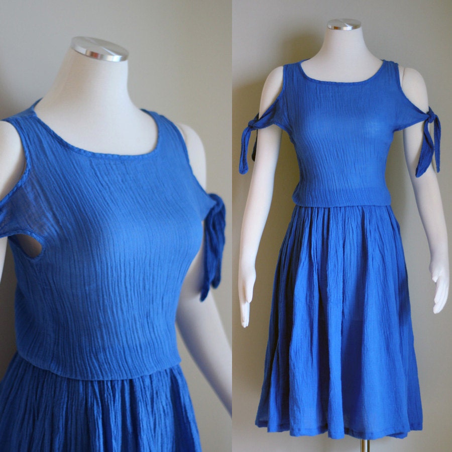 Vintage 1980s Dress - Blue Cotton Crepe - Tie Sleeves - Size Small / Medium