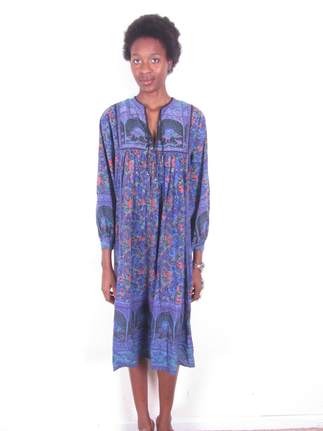 Vintage Hippie India Cotton Peacock Bib Bohemian Gypsy Dress
