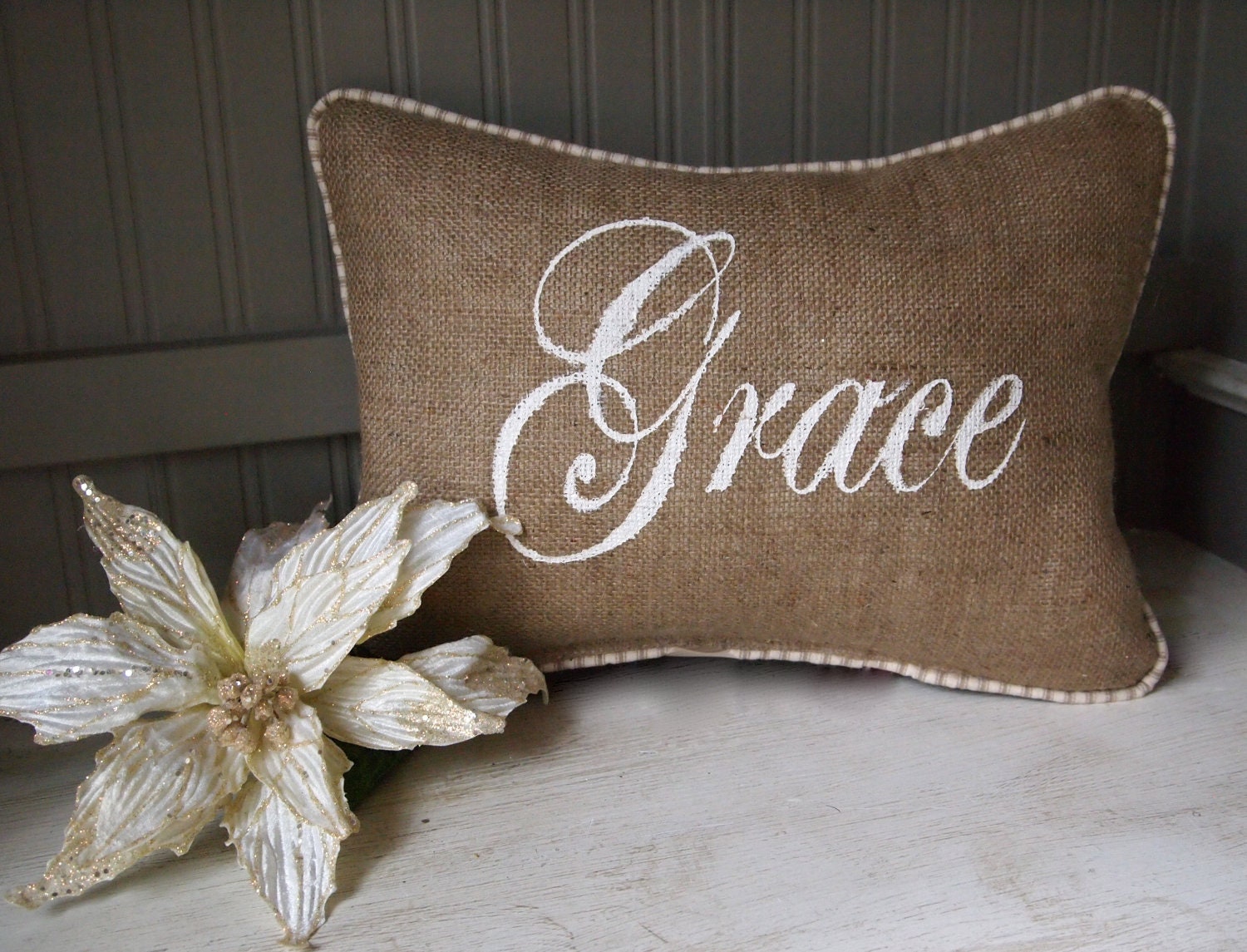 Burlap Grace pillow. Great gift for holidays, weddings, house warming, parties, christian, Jesus