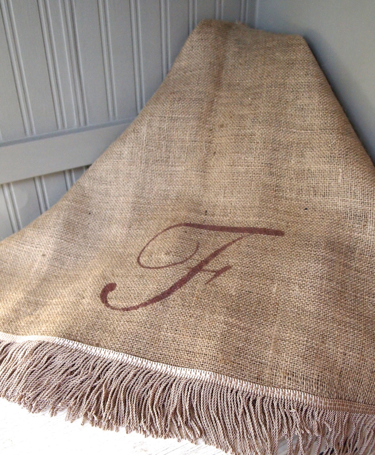 64" Custom Initial Monogram Natural burlap Christmas tree skirt with boullion fringe