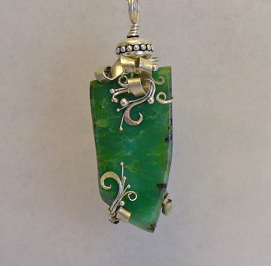 Chrysoprase, Sterling and Fine Silver Pendant Necklace