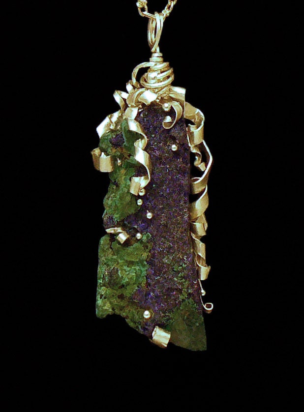 Azurite Crystals, Malachite, Sterling and Fine Silver Pendant Necklace