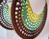 Tri-color crocheted hoop earring brown, green, yellow
