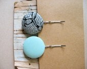 Vintage Fabric Covered Button Hair Pin Set of 2 in Black Lace Print and Seafoam/Aqua