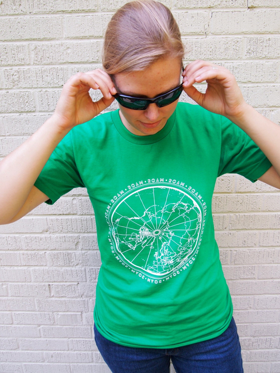 Size SMALL - Roam Around T-Shirt - Front & Back Design - Kelly Green Shirt with White Ink - Hand Screenprinted American Apparel