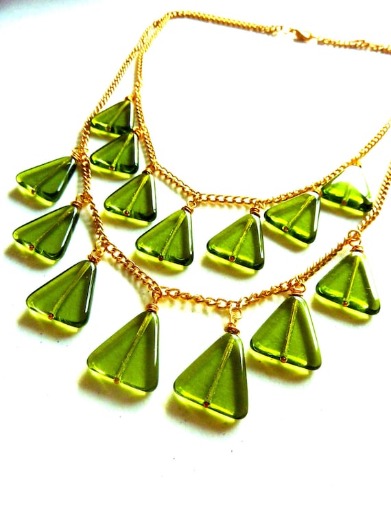 Green Triangle Glass Multiple Strand Bib Necklace