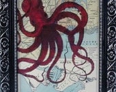 The OCTOPUS Wall Decor ART print vintage map of the port of New York Mixed Media ORIGINAL Giant Octopus Housewares Print (372)