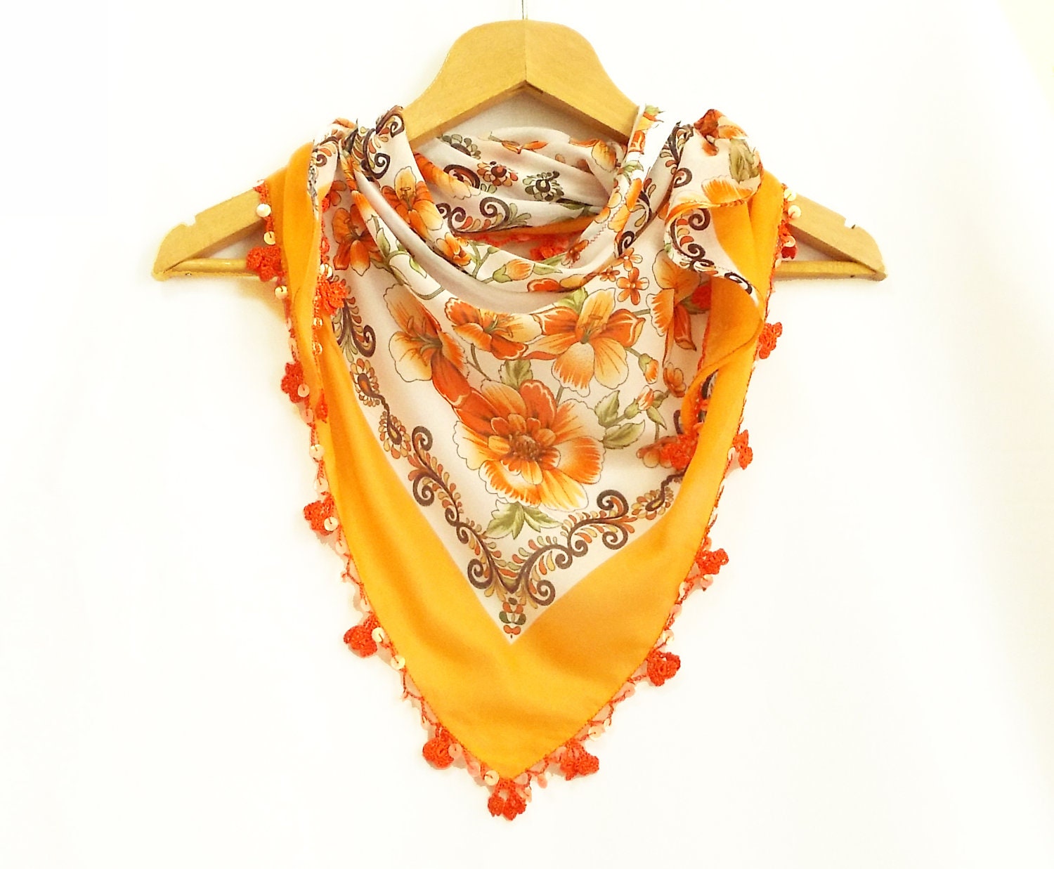 Floral scarf-Triangle fabric scarf- crocheted,embroidered with sequins- Orange- Oriental Yemeni- Authentic- Cotton fabric shawl