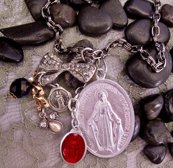 Mother Mary Pray For Us Assemblage Necklace Vintage French Religious Metals OOAK