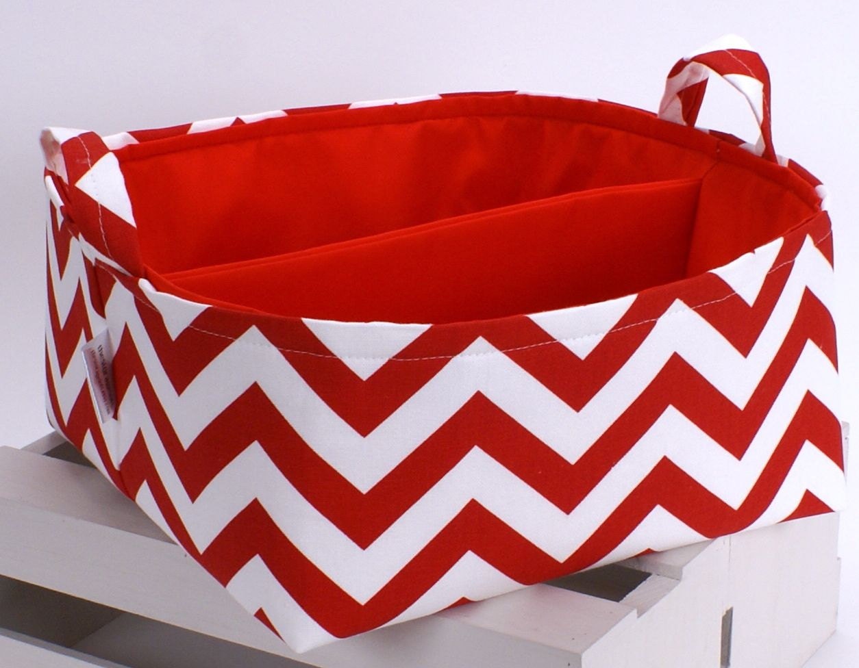 X LG 12"x12"x6"Diaper Caddy - Storage Bin Basket Container Organizer - Red White Chevron Zigzag Fabric