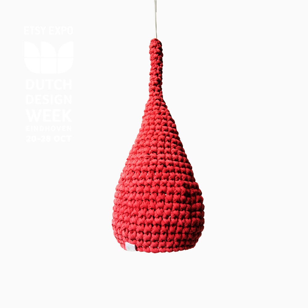 Crochet Pendant Lamp MUUNO / Modern Hanging Light / Unique Eco Lampshade from Upcycled Fabric / Green Design / Recycling Art