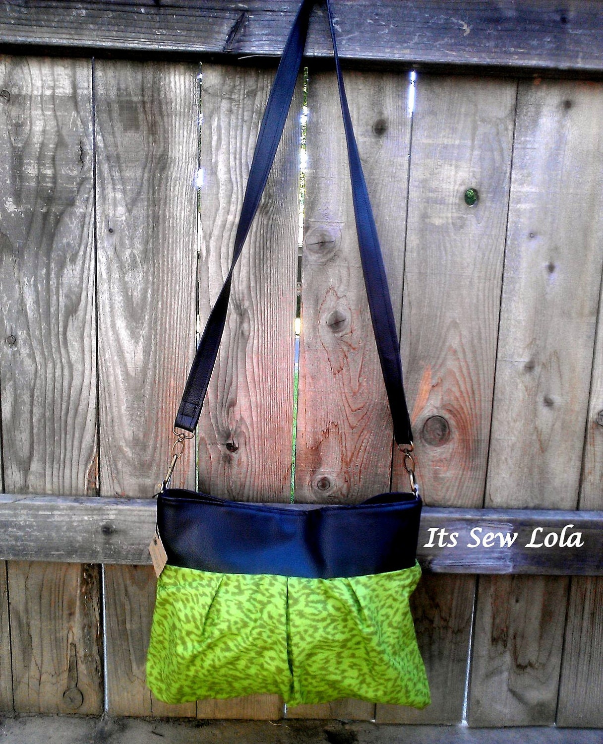 SALE Cross Body Bag - Green Cotton Snake Print - Black Pleather - Long Strap - Chevron Lining