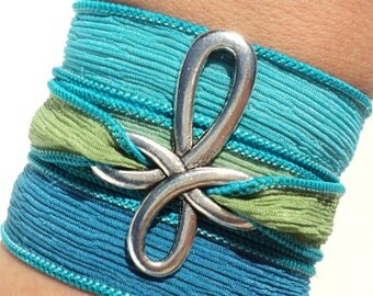 Bohemian Cross Silk Wrap Bracelet Aqua Blue Green Yoga Jewelry Necklace Christmas Stocking Stuffer Unique Gift For Her Under 25 Item P51