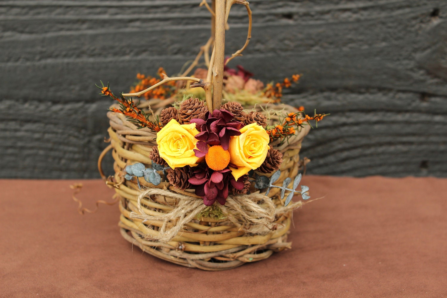 Fall Wedding Flower Girl Basket, Autumn Wedding, Woodland Wedding, Rustic Wedding with Preserved Yellow Roses and Foliage 133
