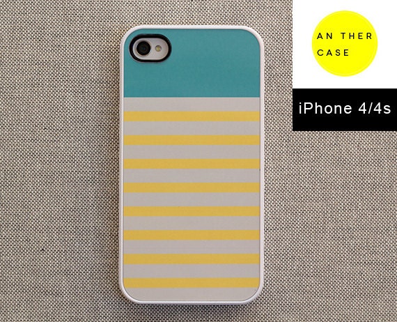 iPhone 4 case, iPhone 4s case - teal top, pastel yellow and light grey stripes