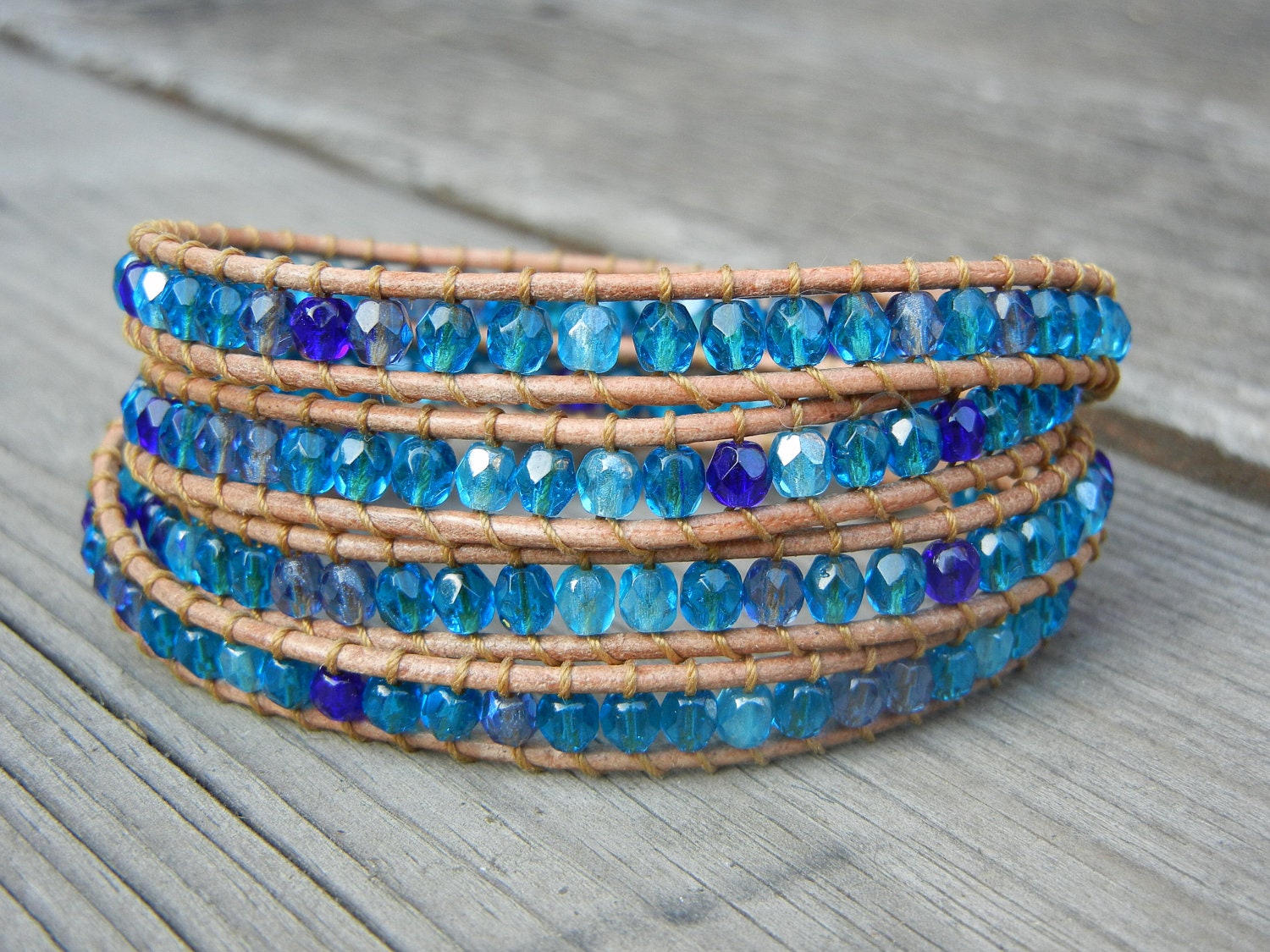 Spring Summer Beaded Leather 4 Wrap Bracelet with Beachy Blue Czech Glass Beads on Tan Leather