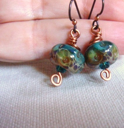 Summer Ocean Earrings Lampwork Glass Beads Azure Blue Green Beautiful Handmade Beads
