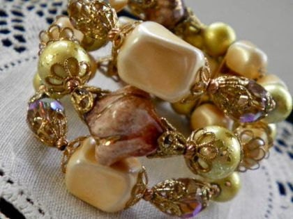 Faceted Crystals, Beads and Golden Filigree Vintage Wrap Bracelet