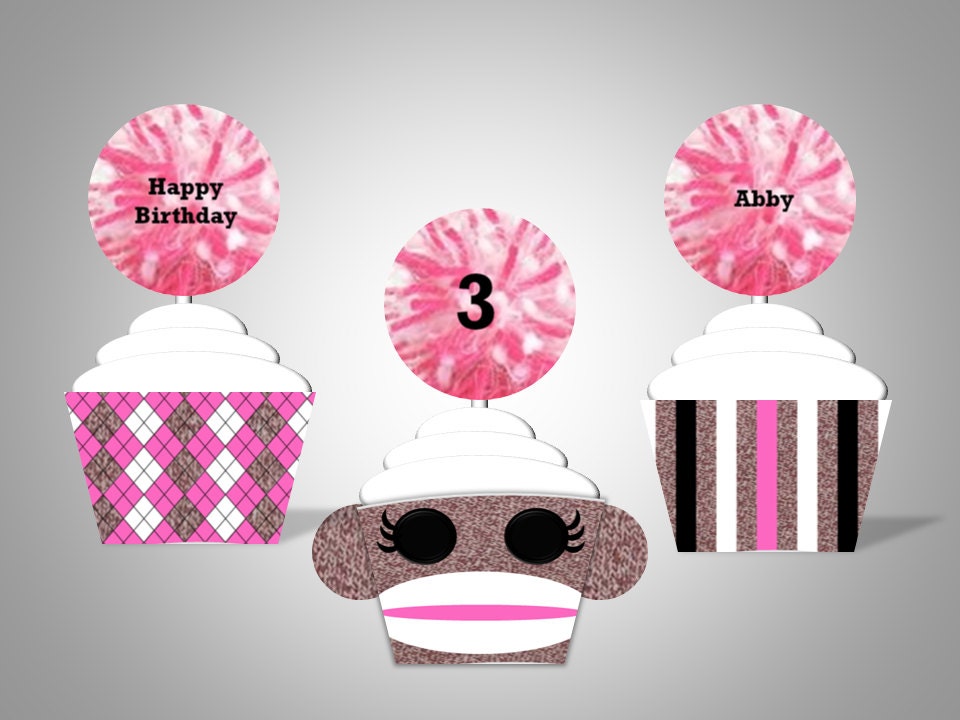 Girl Sock Monkey Cupcake Wrappers & Toppers - Personalized With Name and Age - DIY Printable Party Decorations