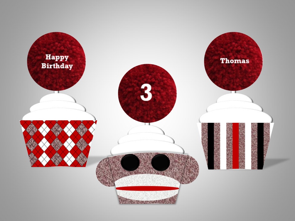 Sock Monkey Cupcake Wrappers & Toppers - Personalized With Name and Age - DIY Printable Party Decorations Il_570xn
