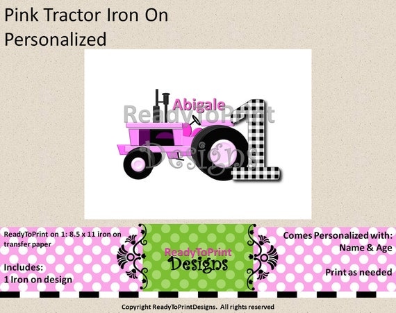 Pink Tractor Iron On - Personalized With Name and Age - DIY Printable Party Decorations Il_570xn