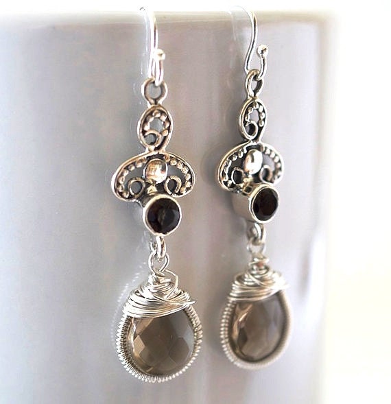 Smoky Quartz Earrings - Sterling Silver Earrings - Bezel Set Earrings