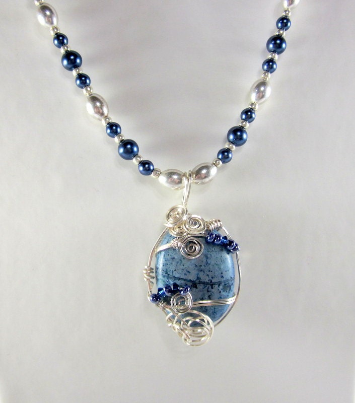 Blue and Silver Pendant Necklace, Silver Beadwork Necklace, Beaded Necklace,  Fall Jewelry, Beaded Jewelry