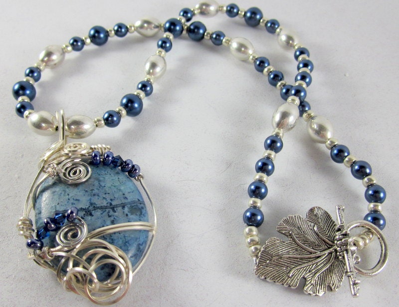 Blue and Silver Pendant Necklace, Silver Beadwork Necklace, Beaded Necklace,  Fall Jewelry, Beaded Jewelry