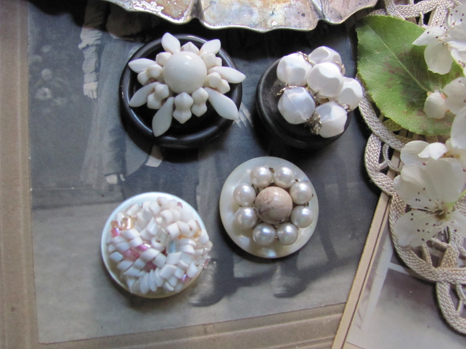 Handmade Antique Button Vintage Earring Refrigerator Magnet Set of 4