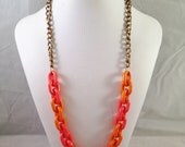 Hot Pink and Orange Plastic Chain Link Necklace with Brass Gold Chain