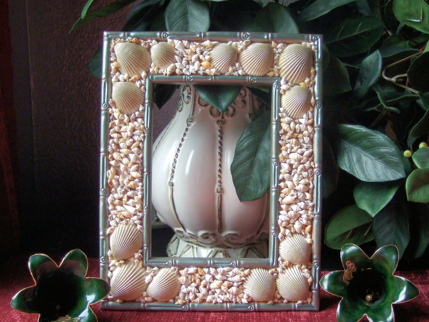 Sea Shell and Bamboo Picture Frame for 5 x 7 Picture, Embellished and Handpainted, Custom, Home Decor, Beach Decor