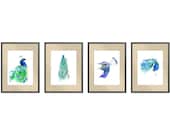 SALE -20% SET of four Art  Peacock Watercolor Paintings, Art Print Paper size: 8"x10" (20,32x25,4cm)