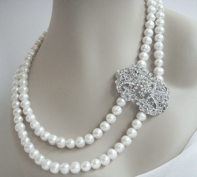 Multi Strand Pearl Necklace with Rhinestone Brooch Pendant Bridal Pearl Necklace Statement