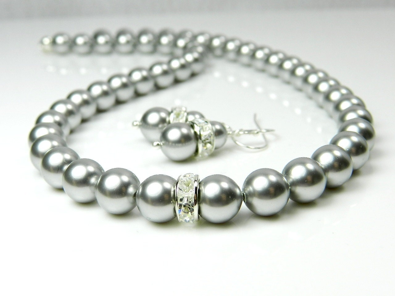Gray Pearl Necklace Earrings Bridesmaid Jewelry Set  Customized Swarovski Pearl Bridal Jewelry