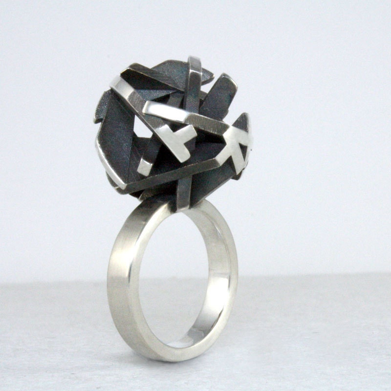 Geometric oxidized sterling silver ring, unique statement jewelry - Negative/Positive collection