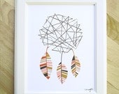 caught art print 8 x 10 deconstructed dreamcatcher feather tribal geometric print illustration in spring colors with white background
