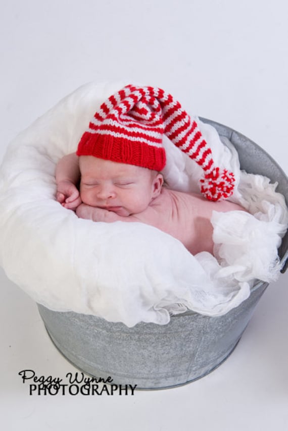 Baby Hat Munchkin Infant Newborn - Red and White Striped Baby Hat with pompom