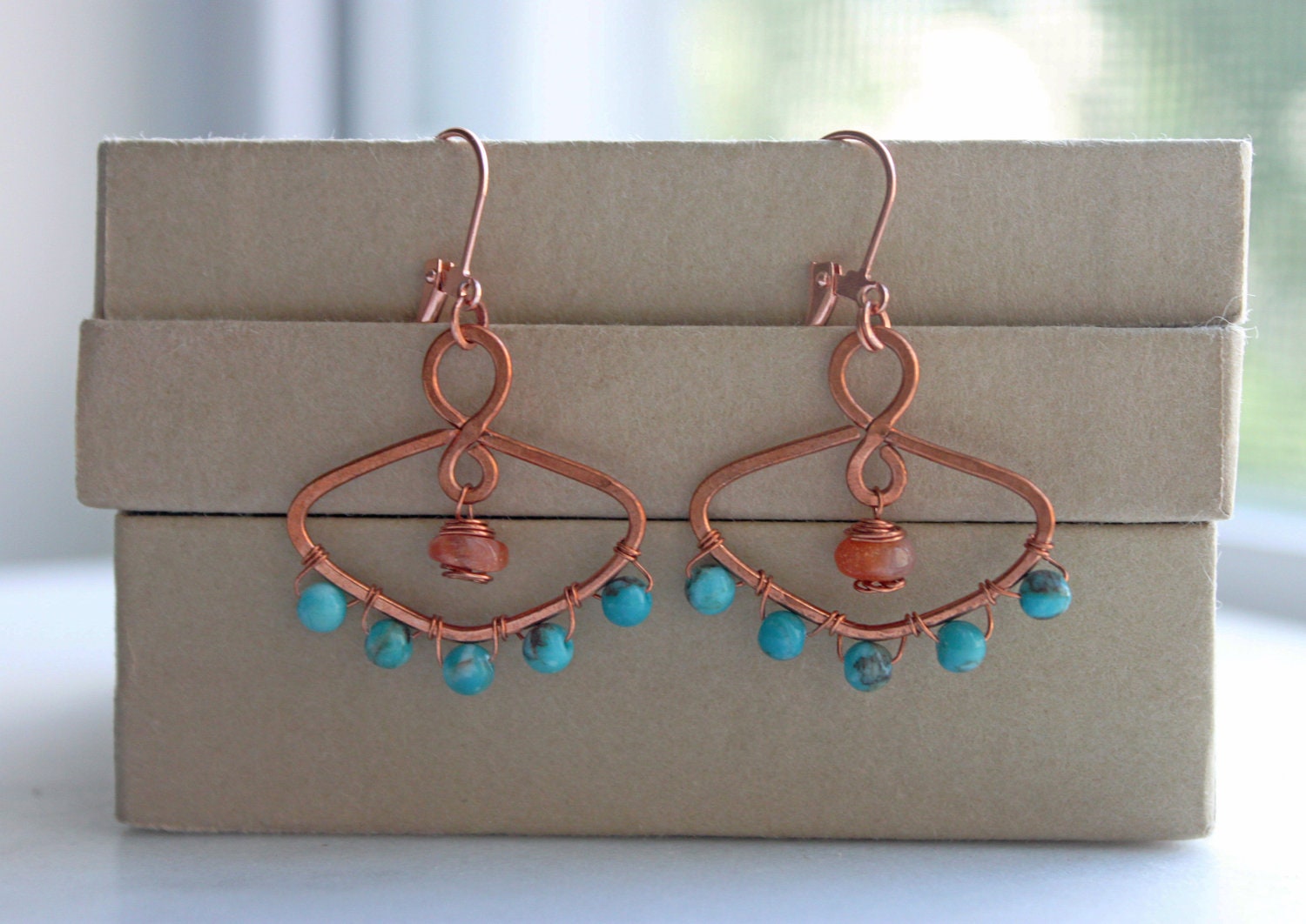 Turquoise Earrings, Handmade Earrings, Beadwork Dangle Drop Hoop Earrings with Copper, Bohemian Earrings, Bohemian Jewelry