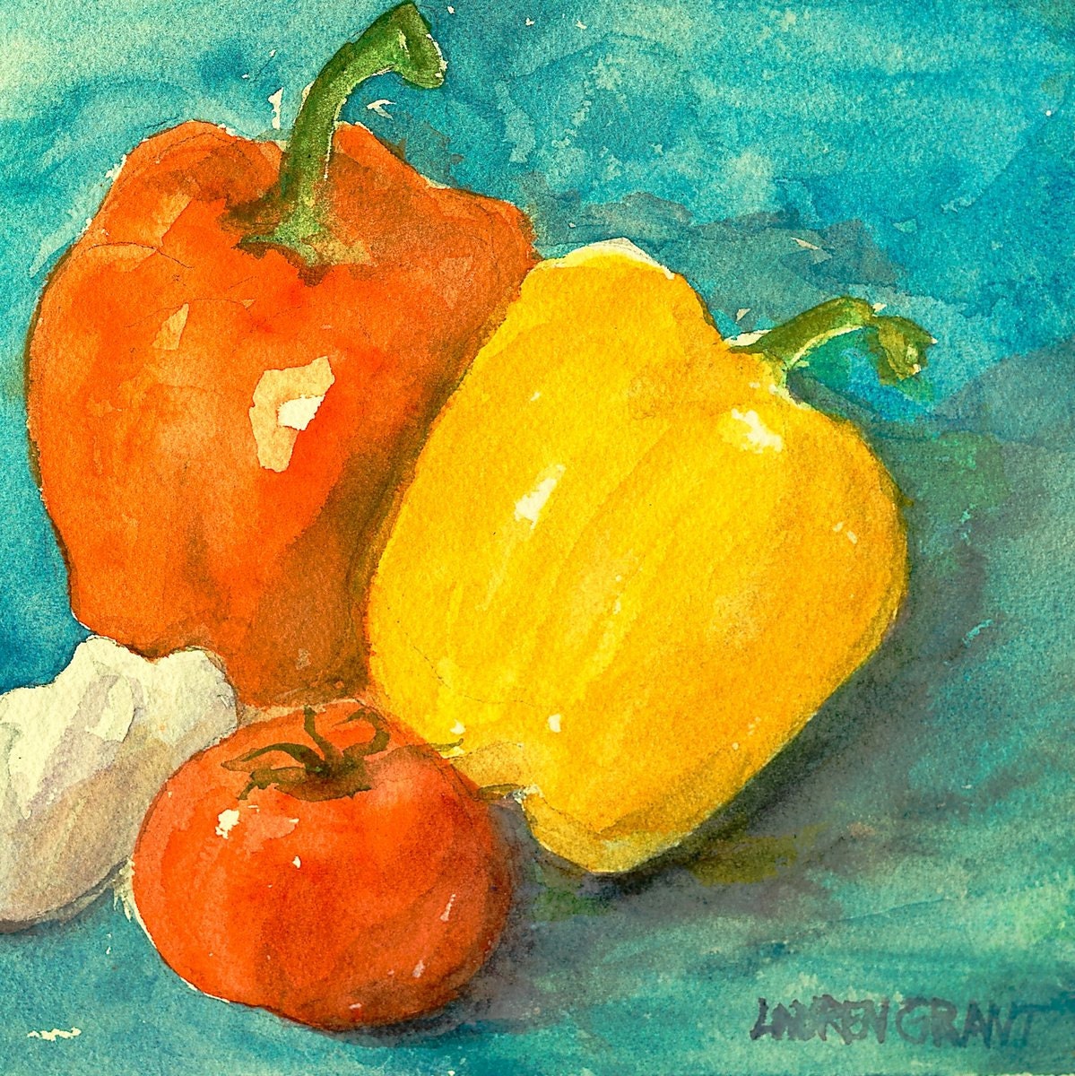 Kitchen art vegetable still life, digital print from my original painting 6" x 6" Yellow and Orange Peppers