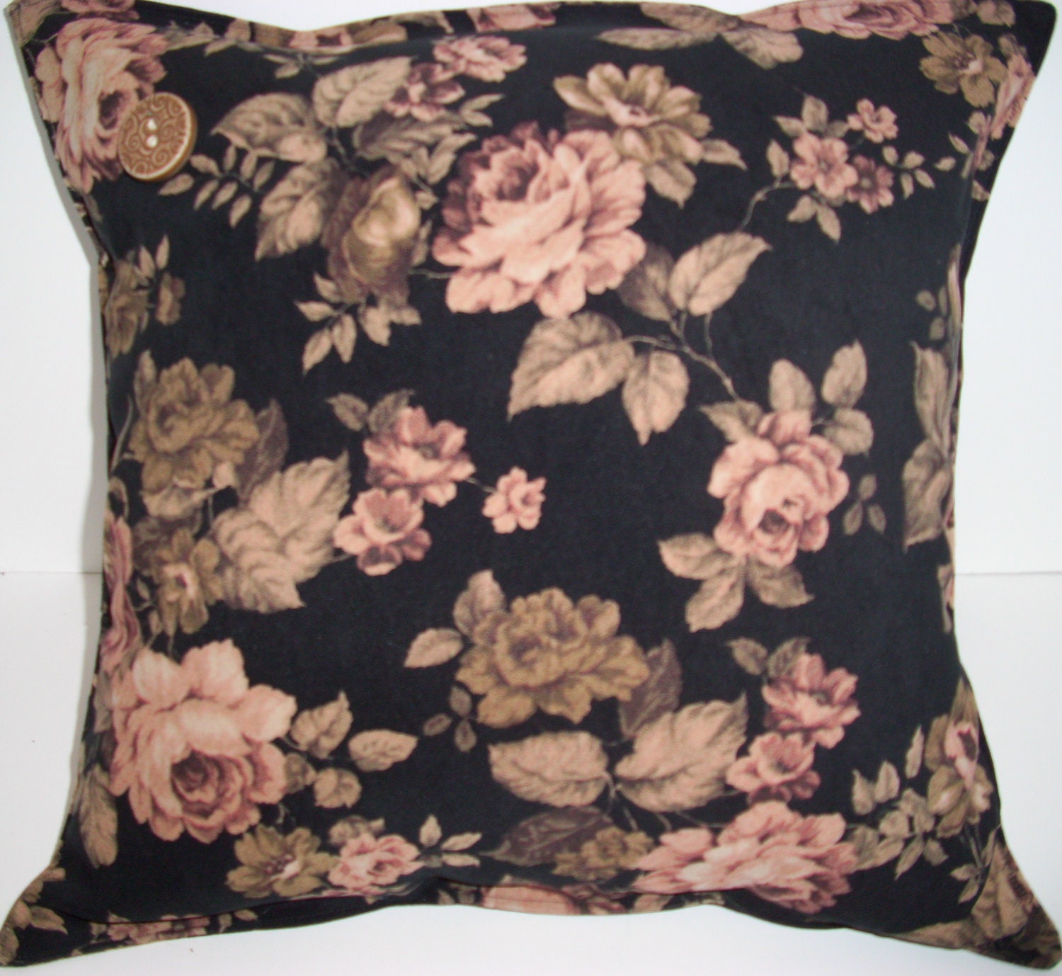 Handmade Decorative Pillow Cover/ Home Decor/ Floral/ Black/ Gold and Earthtones/ Cottage Chic/  16" X 16"