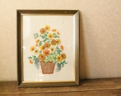 Vintage framed embroidered wall hanging, flower basket