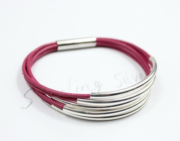 Sterling silver tubes bracelet, hot pink leather bracelet, silver plated magnetic clasp