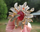 Vintage Signed Polcini Brooch Pendant Pave Rhinestones Red Ruby Glass Cabachon