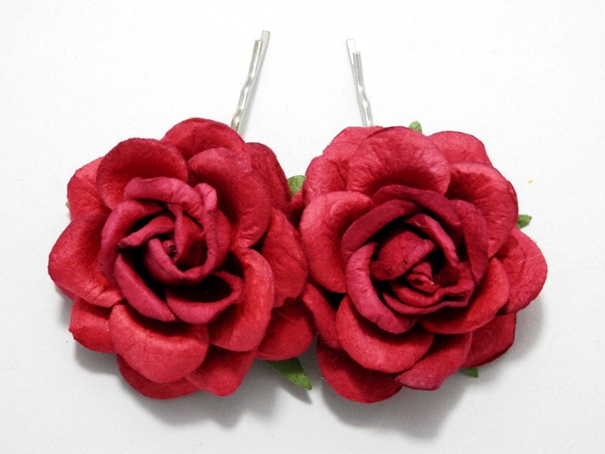Rose Hair Clips - Two Large Ruby Red Fantasy Flower Bobby Pins Bridal Accessory Wedding Accessories
