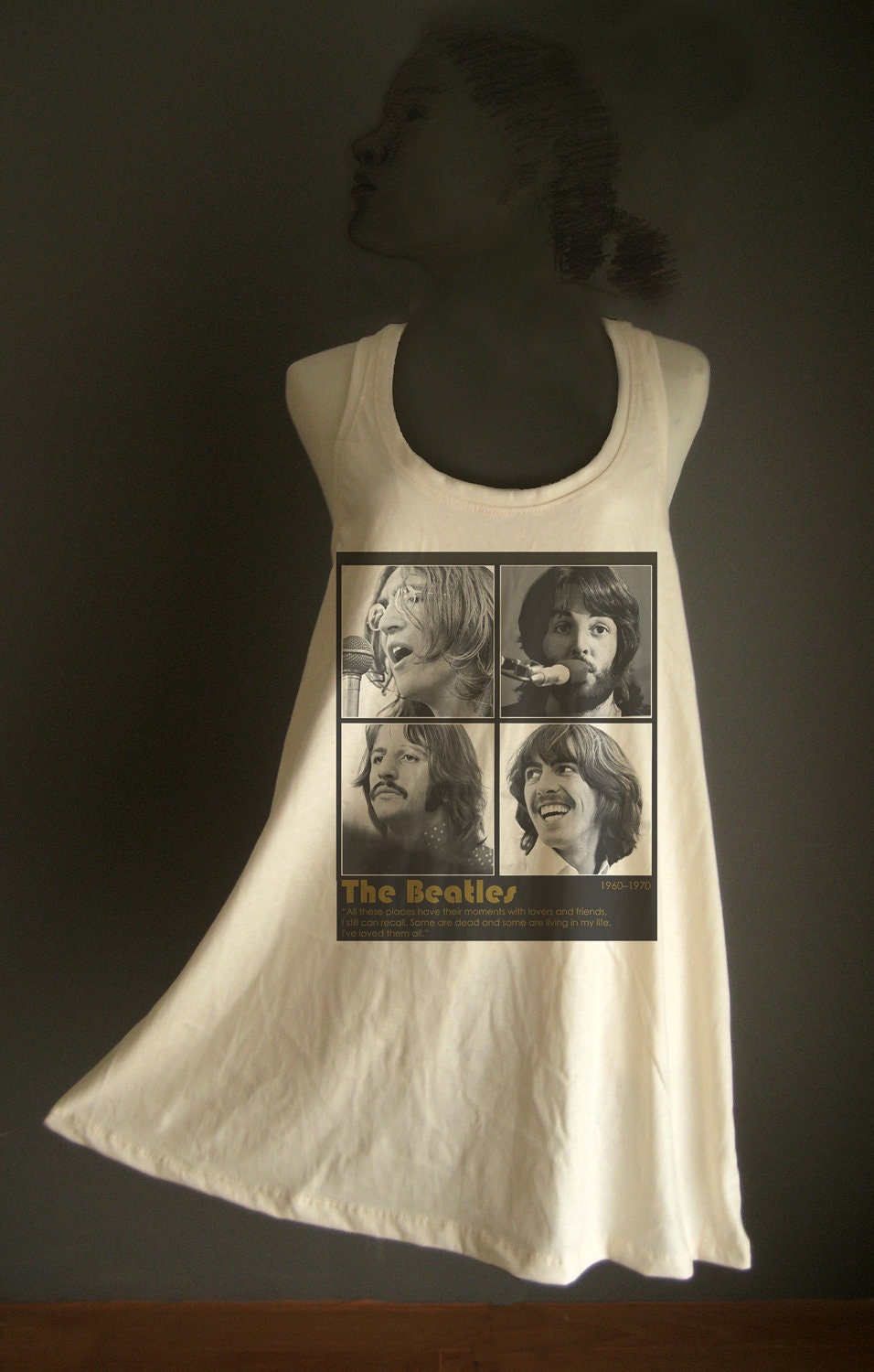 Retro 60s The Beatles White Organic Cotton T-Shirt Tee Tank Top Tunic Vest Size M/L