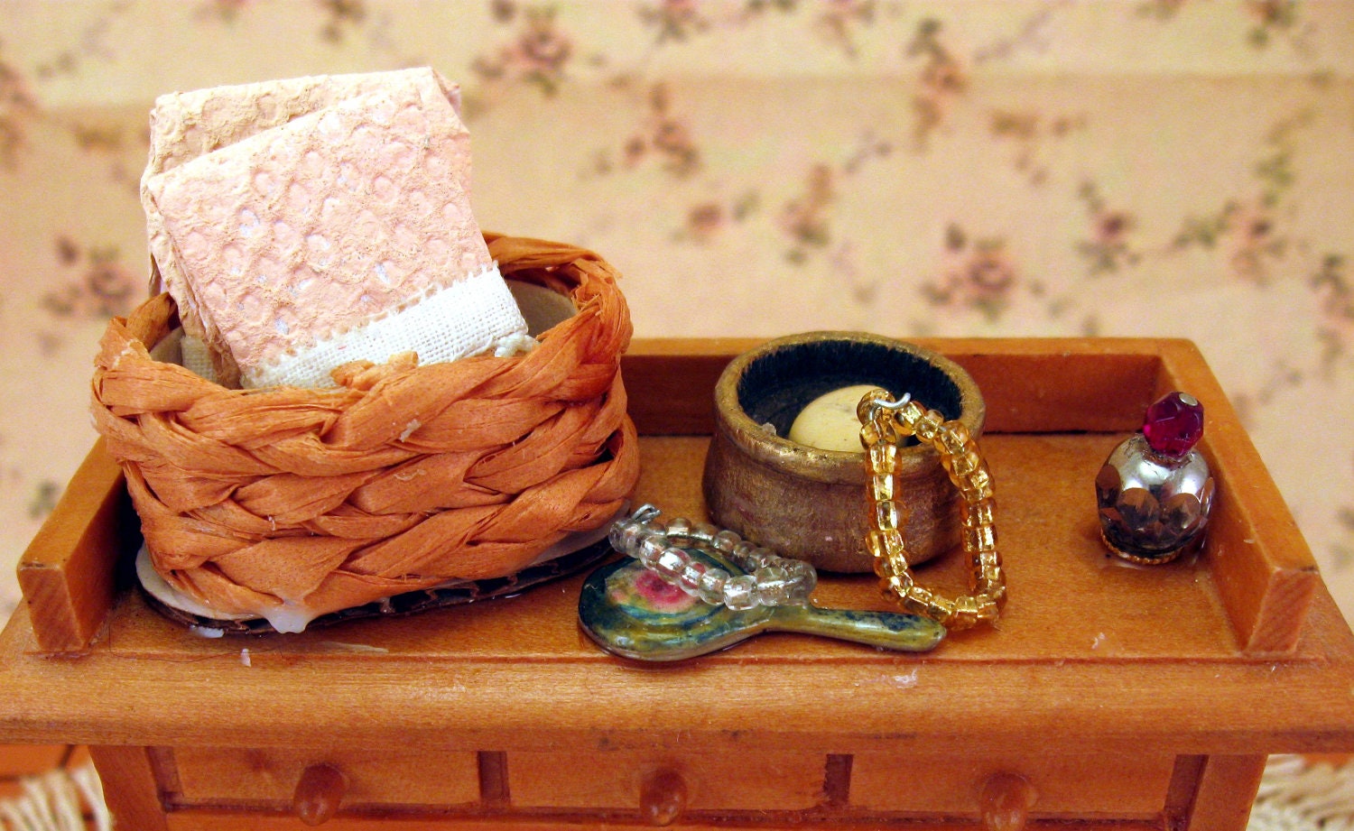 Miniature Ladies Dressing Table Towels Mirror Soap Perfume Toiletries