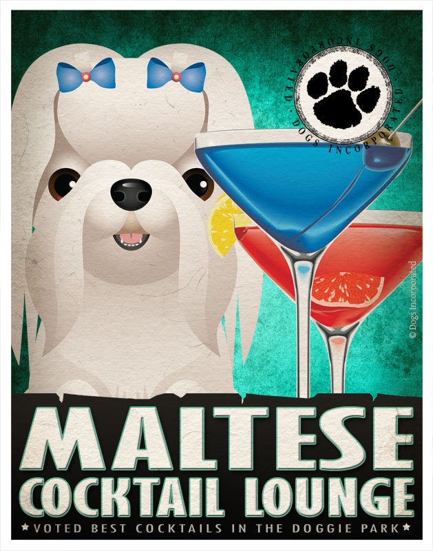 Maltese Drinking Dogs Original Art Poster Print - Personalized Dog Wall Art -11x14- Customize with Your Dog's Name - Dogs Incorporated