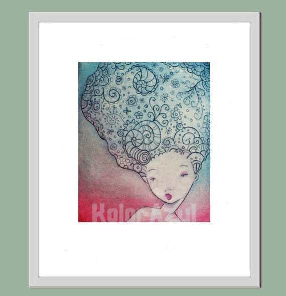 Modern hairstyle girl illustration, etching print colored with watercolor