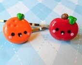 Kawaii Apple and Orange Hairpins  Cute Polymer Clay Hair Accessories
