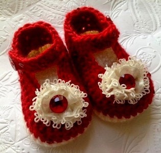 Red and Ivory Crochet Booties, Baby Booties, Red Booties, Holiday Booties